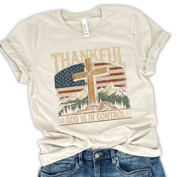 Plus Thankful God is in control Cross & USA Flag