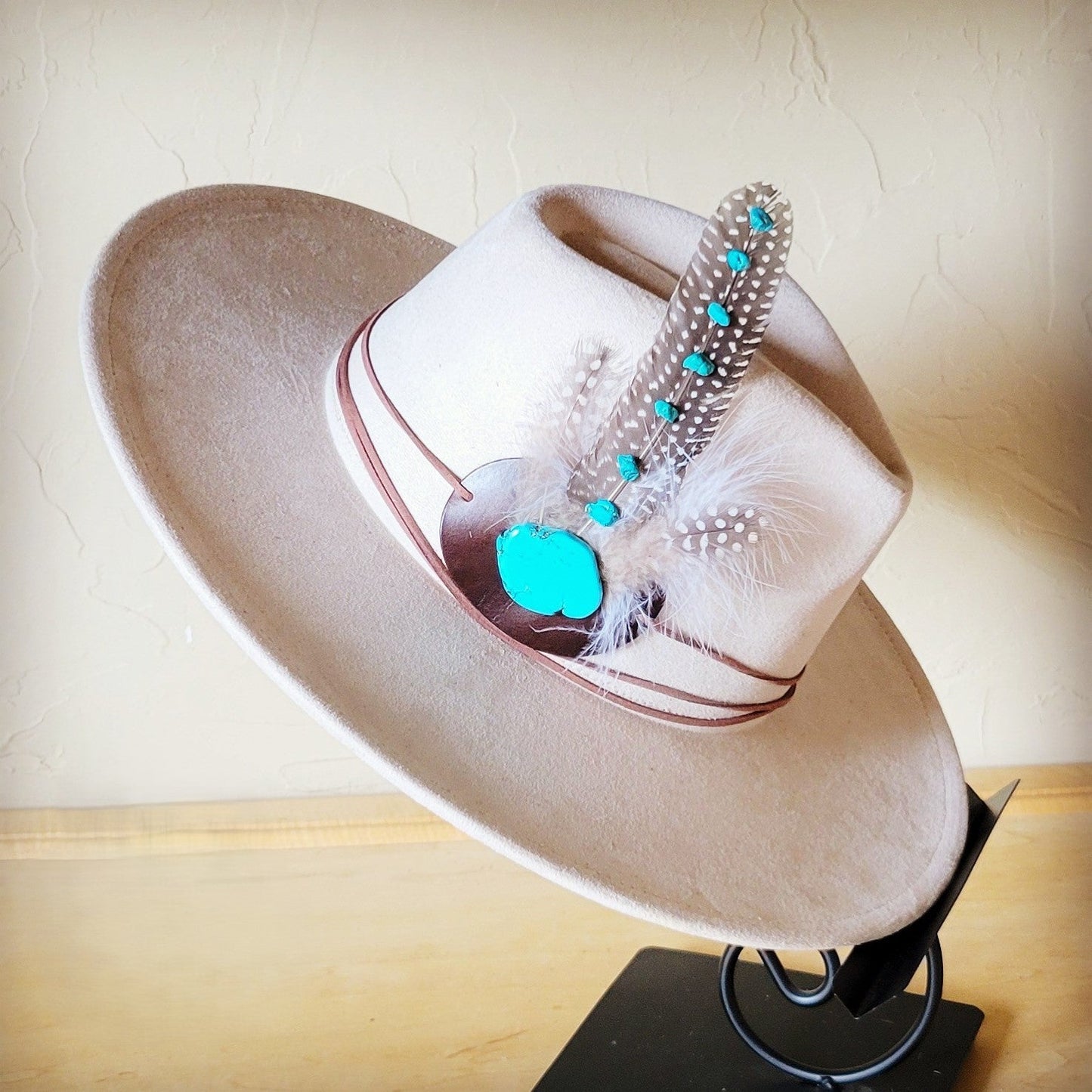 Turquoise Accent Guinea Feather & Leather Hat Band Only 952e