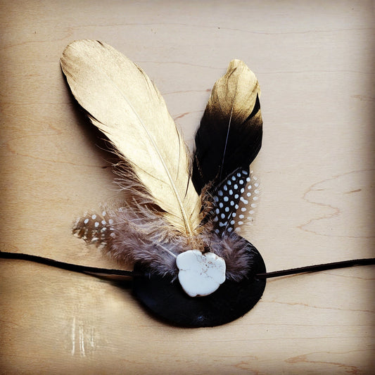 Gold Feather, White Stone & Black Leather Hat Band (Band only) 983h