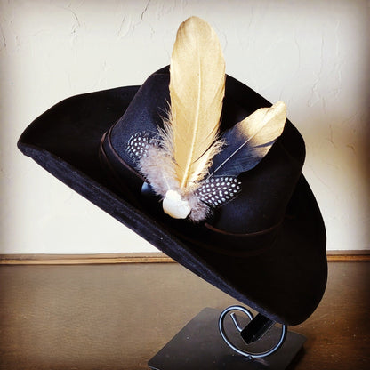 Gold Feather, White Stone & Black Leather Hat Band (Band only) 983h