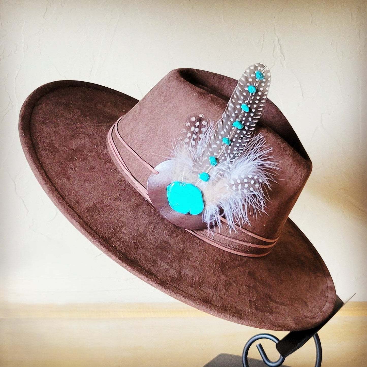 Turquoise Accent Guinea Feather Hat Band + Choice of Hat 986i