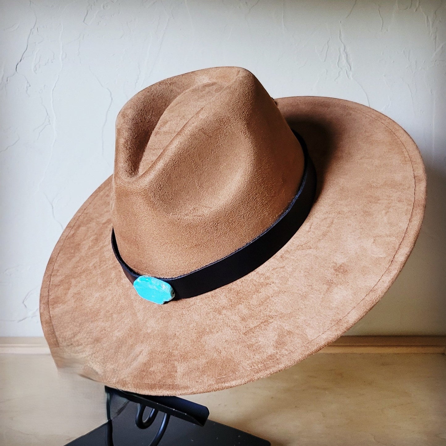 Black Leather Hat Band w/ Turquoise Slab + Choice of Boho Hat