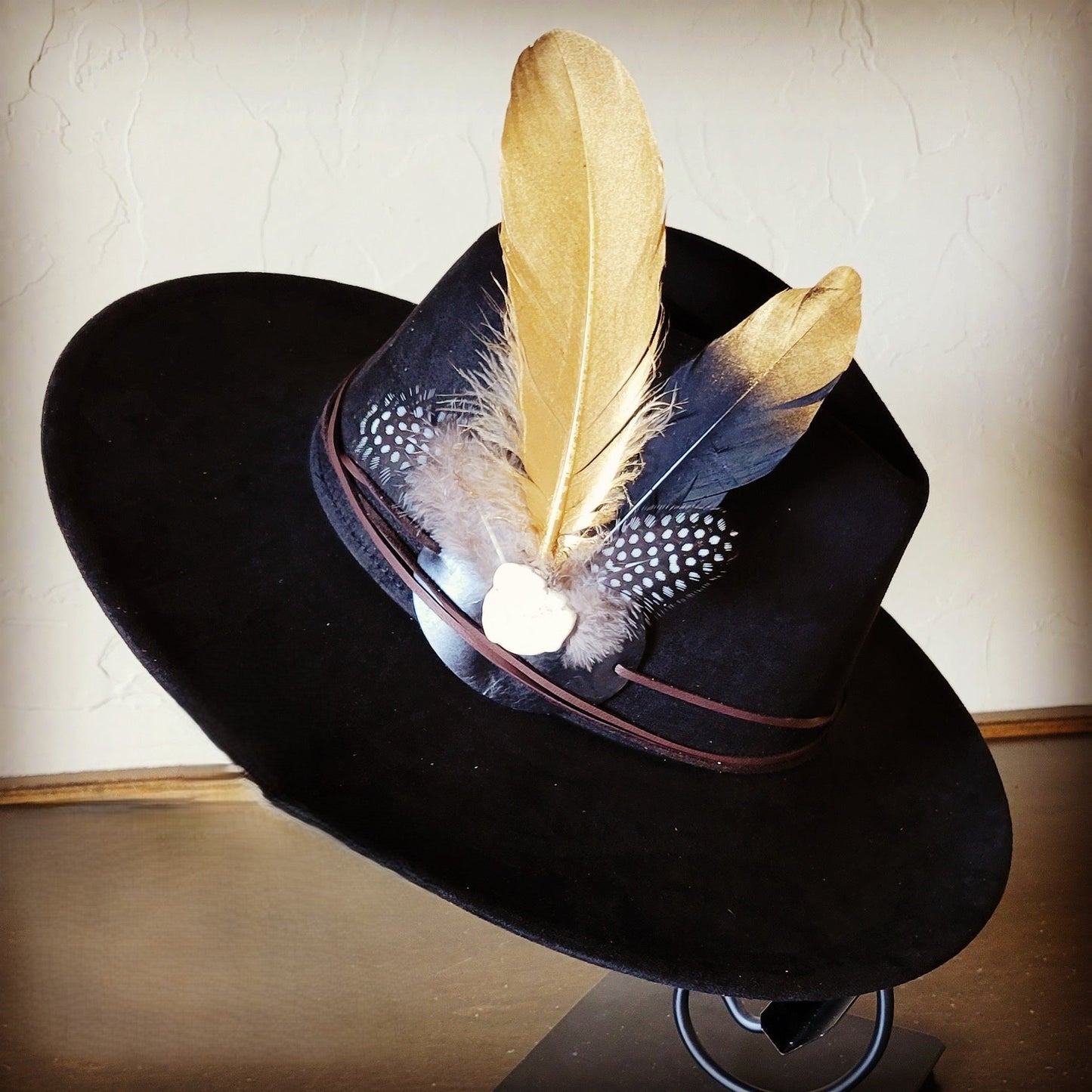 Black Gold Feather & Turquoise Slab Hat Band + Choice of Hat 986b