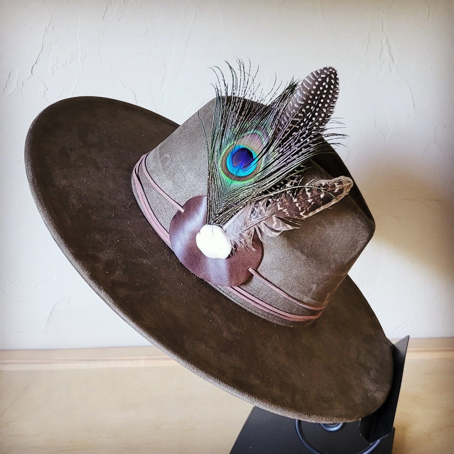 Peacock Guinea Feather & Turquoise Slab Hat Band + Choice of Hat 985w