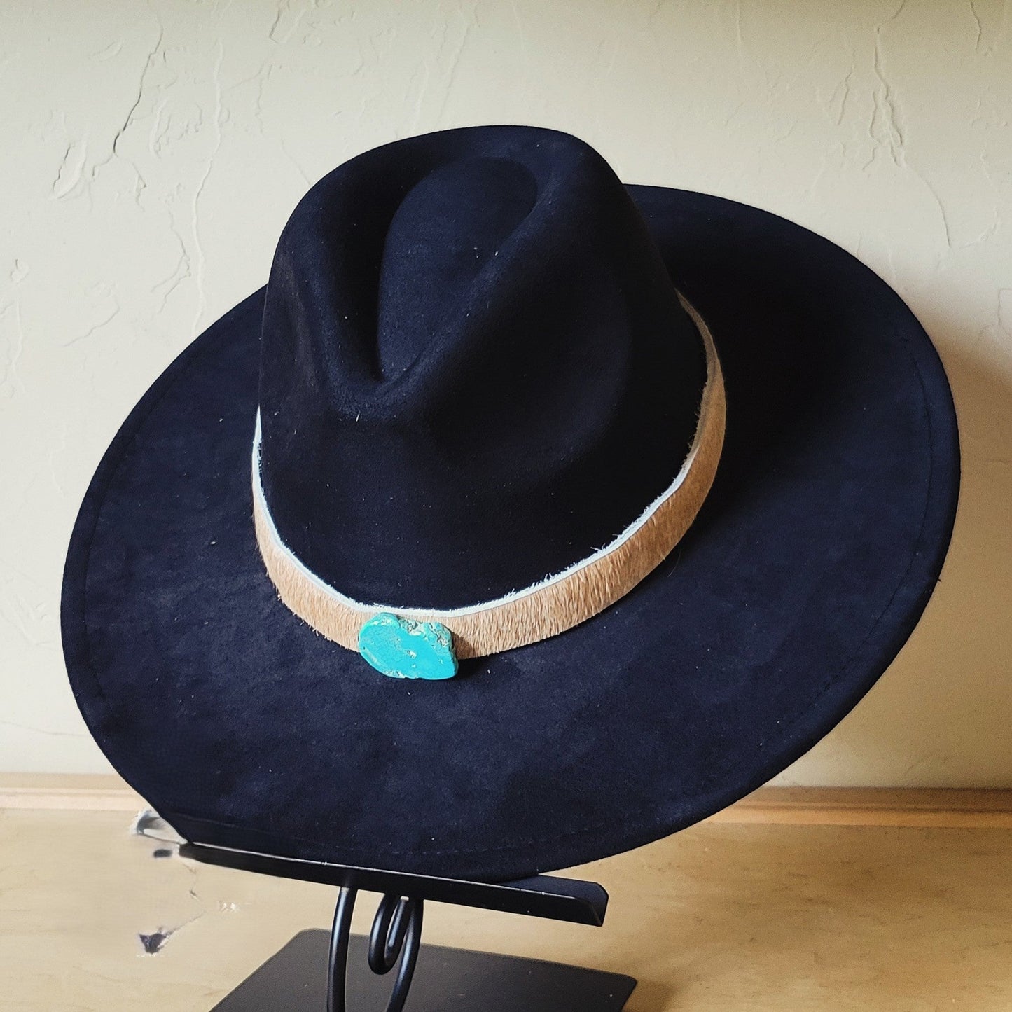 Tan Hide w/ Turquoise Slab Leather Band + Choice of Boho Hat 985t