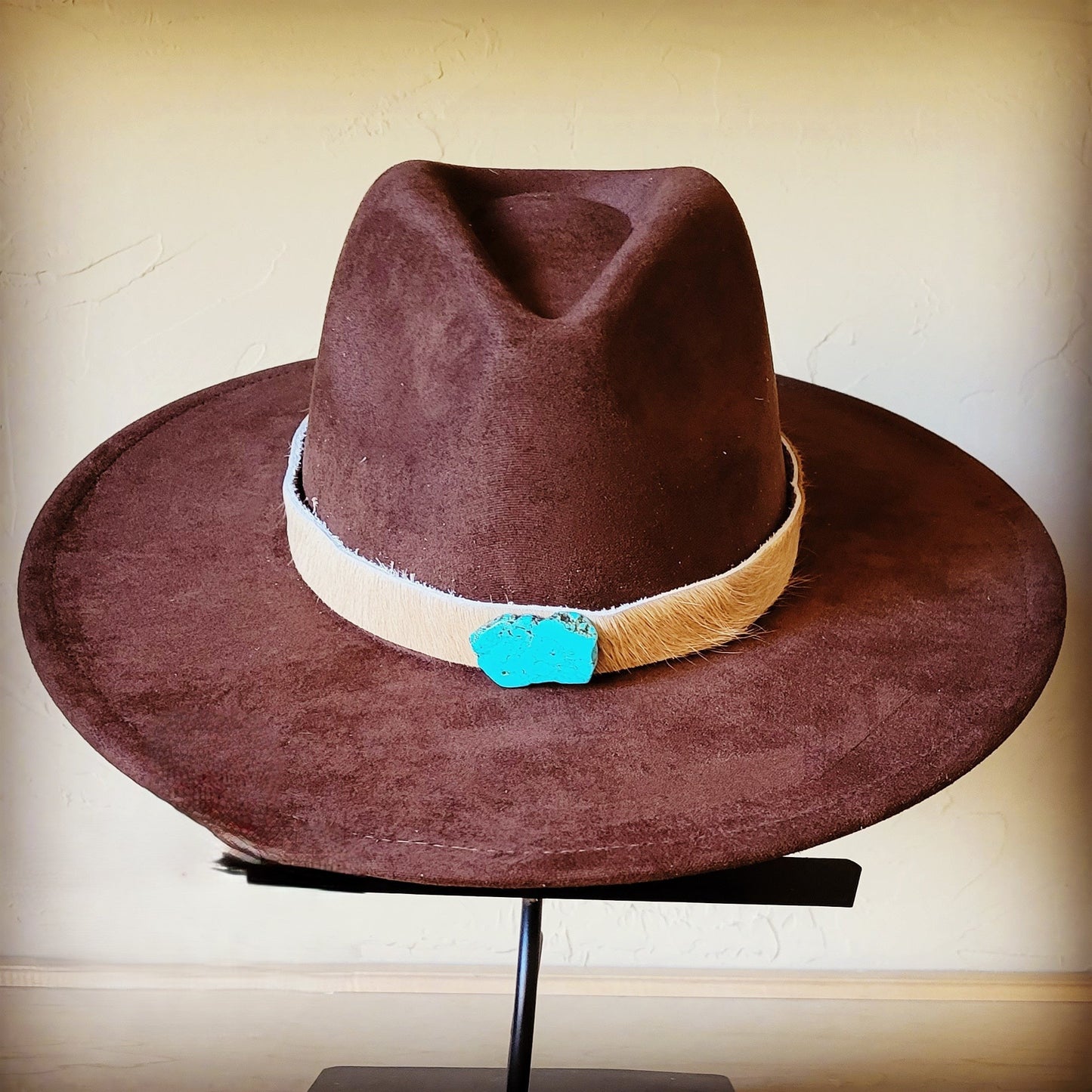 Tan Hide w/ Turquoise Slab Leather Band + Choice of Boho Hat 985t