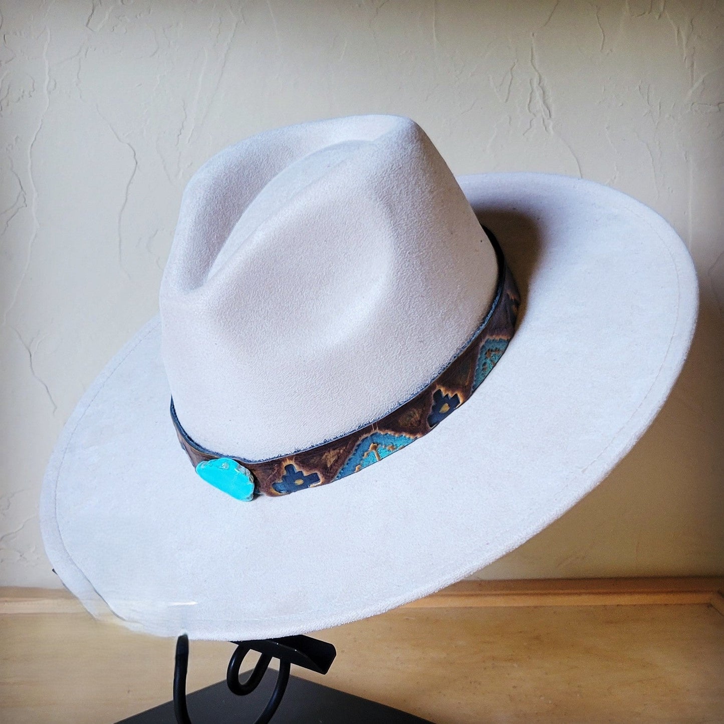 Blue Navajo Turquoise Slab Leather Band + Choice of Boho Hat 985p