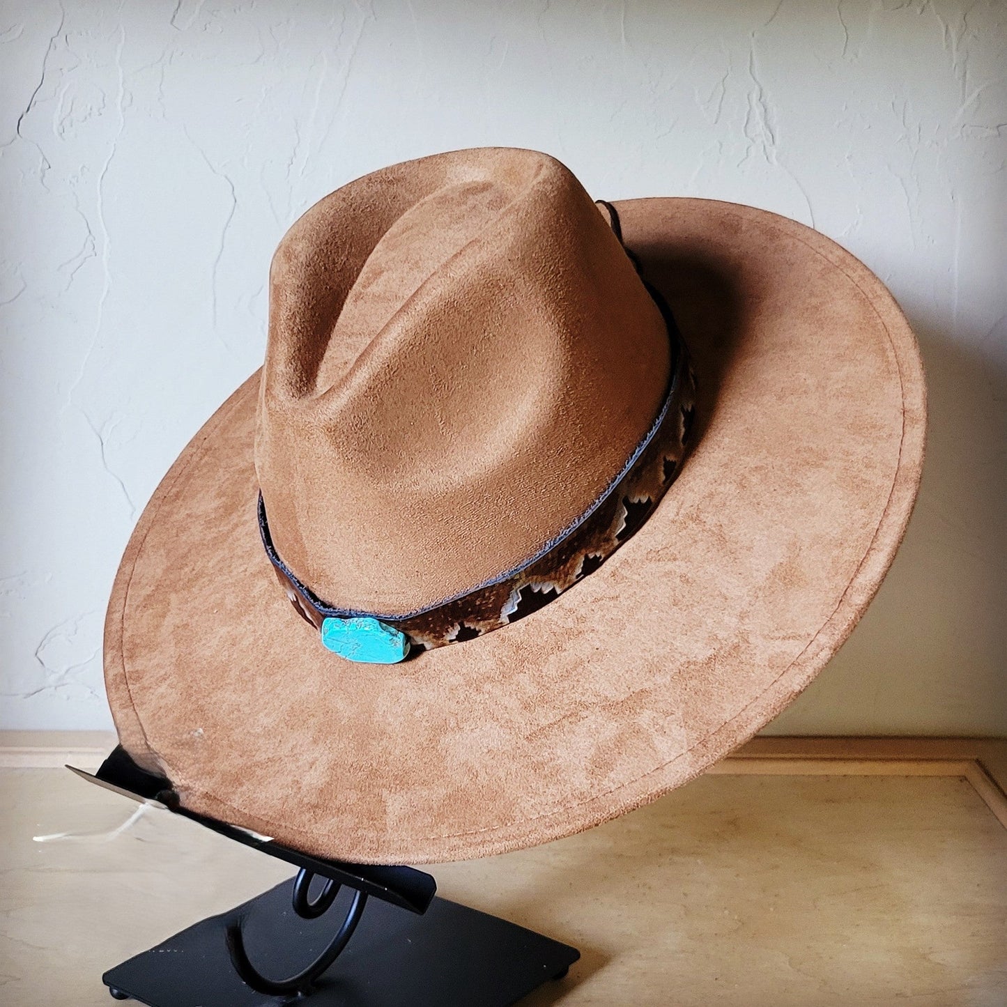 Blue Navajo Turquoise Slab Leather Band + Choice of Boho Hat 985p