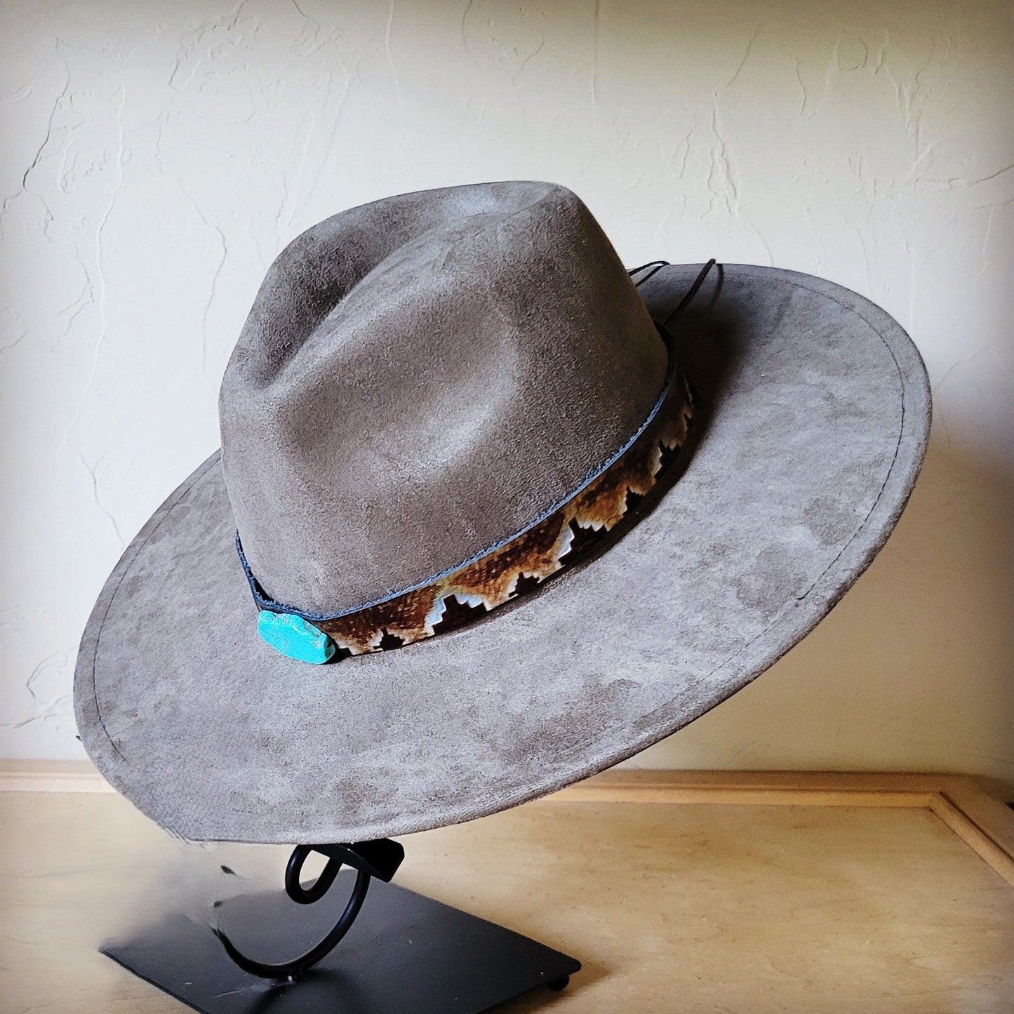 Blue Navajo Turquoise Slab Leather Band + Choice of Boho Hat 985p