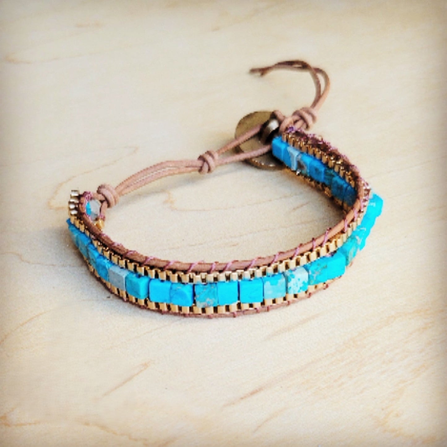 **Woven Turquoise & Bronze Stacked Stone Bracelet 809r