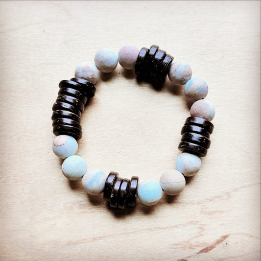 **Frosted Aqua Terra and Wood Stretch Bracelet (808y)