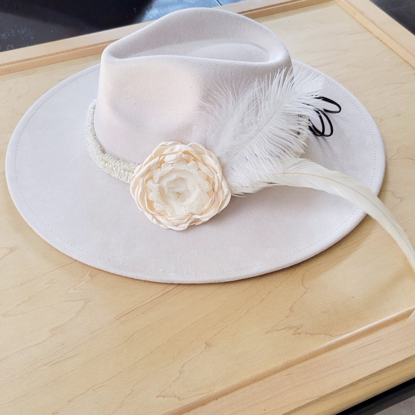 Lace & Pearl Hat Band w/ Silk Flower & Feathers-Ivory (Band Only) 952u