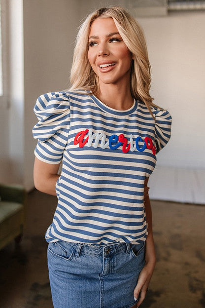 Stripe America Cursive Graphic Puff Sleeve T-shirt