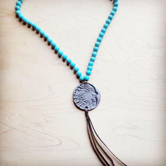 **Long Turquoise Beaded Necklace w/ Indian Pendant 258ka