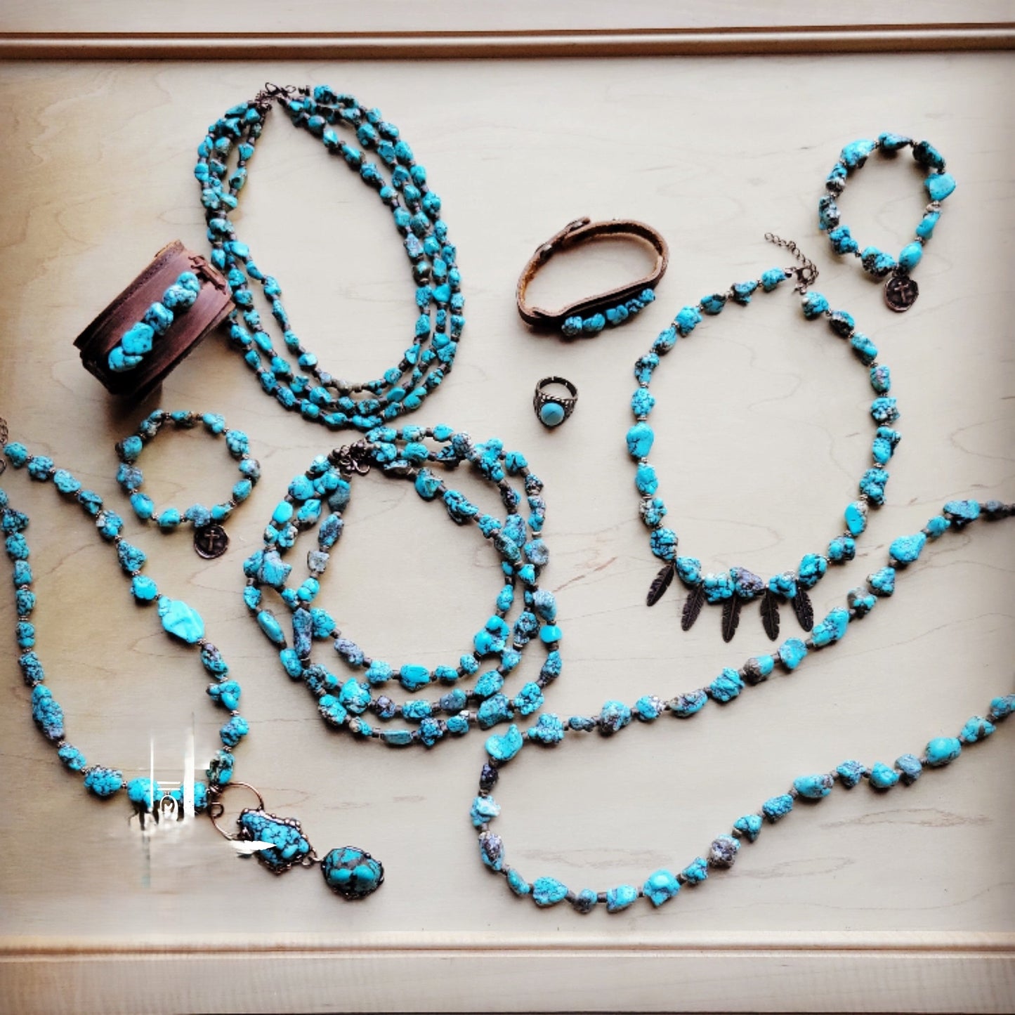 Long Blue Turquoise and Wood Necklace 259k