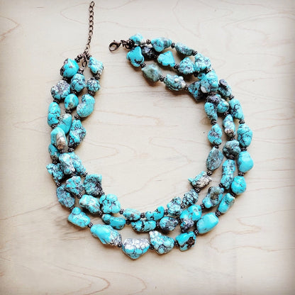 Large Triple Strand Blue Turquoise & Copper Collar Necklace 259d