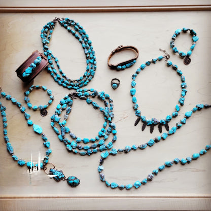 Triple Strand Blue Turquoise & Copper Collar Necklace 259e