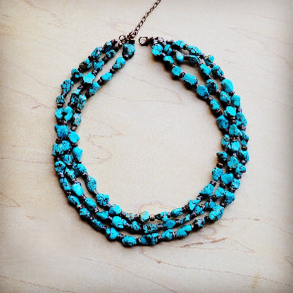 Triple Strand Blue Turquoise & Wood Collar Necklace 259f