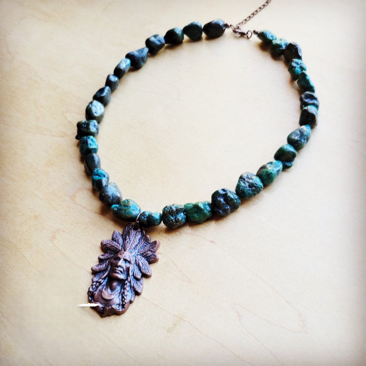 Natural Turquoise Collar Necklace w/ Indian Head Pendant 259n