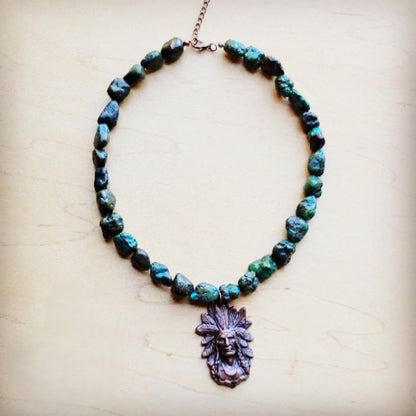 Natural Turquoise Collar Necklace w/ Indian Head Pendant 259n
