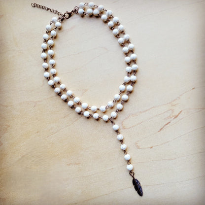 Double Strand Lariat White Turquoise Necklace w/ Copper Feather 259q