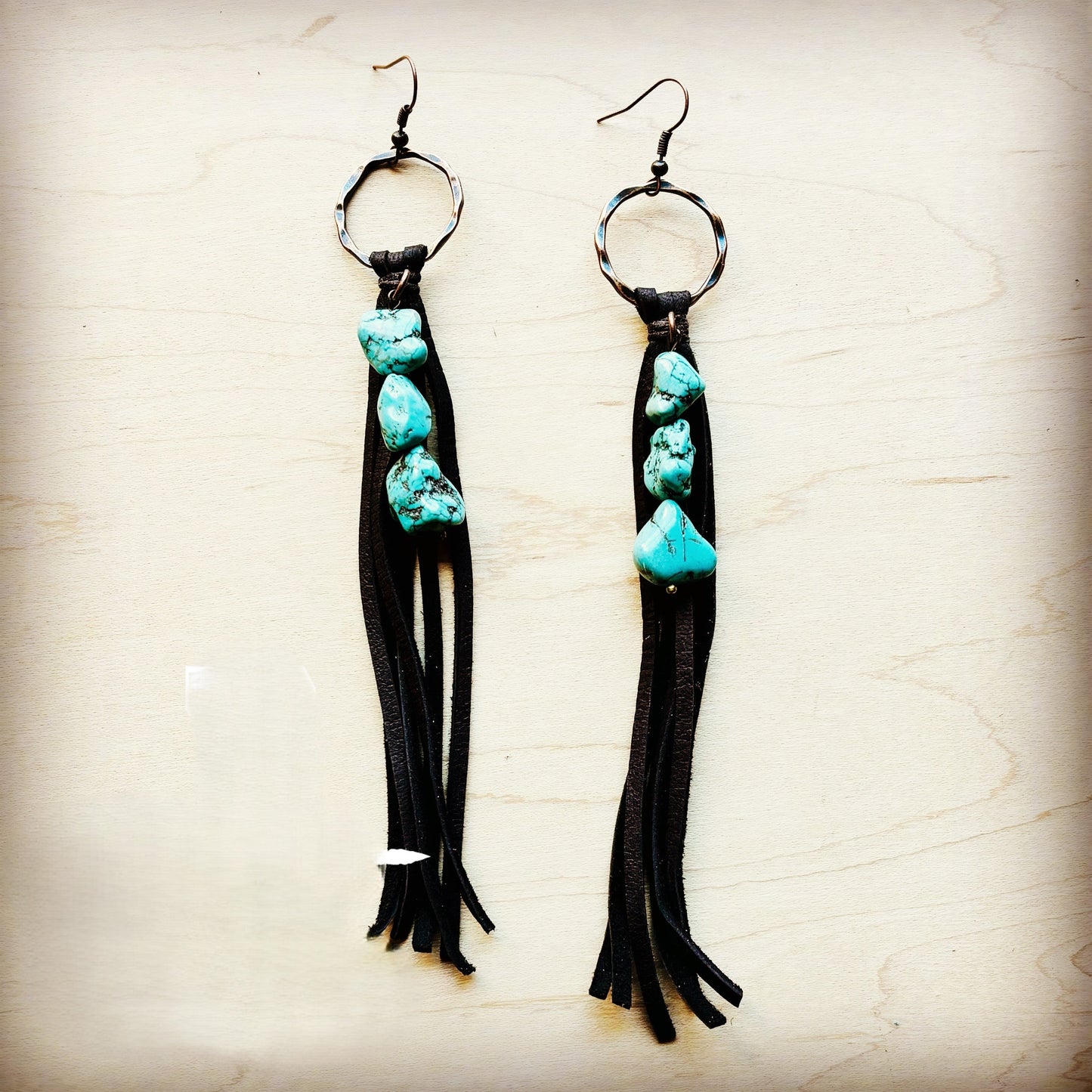 Brown Leather Fringe Earrings with Turquoise Chunks 218p