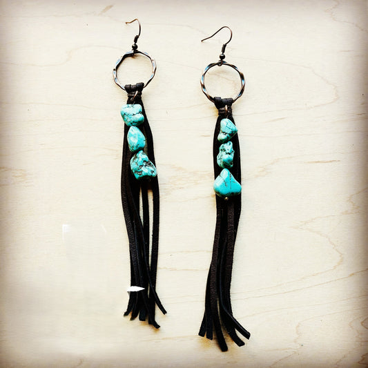 Brown Leather Fringe Earrings with Turquoise Chunks 218p