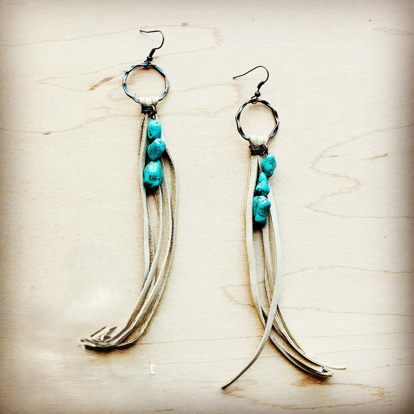Leather Fringe Earrings with Turquoise Chunks Cream 218q
