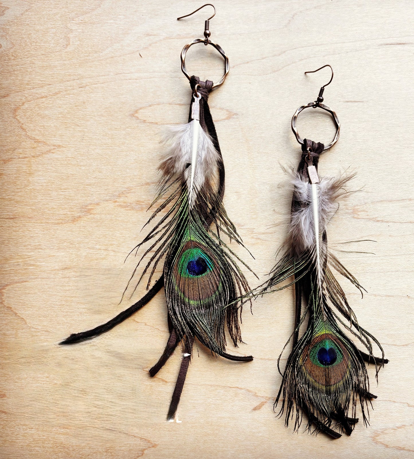 Brown Deer Skin Leather Tassel Earring Peacock Feather 219h