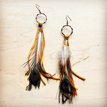 Yellow Deer Skin Leather Tassel Earring Peacock Feather 219i