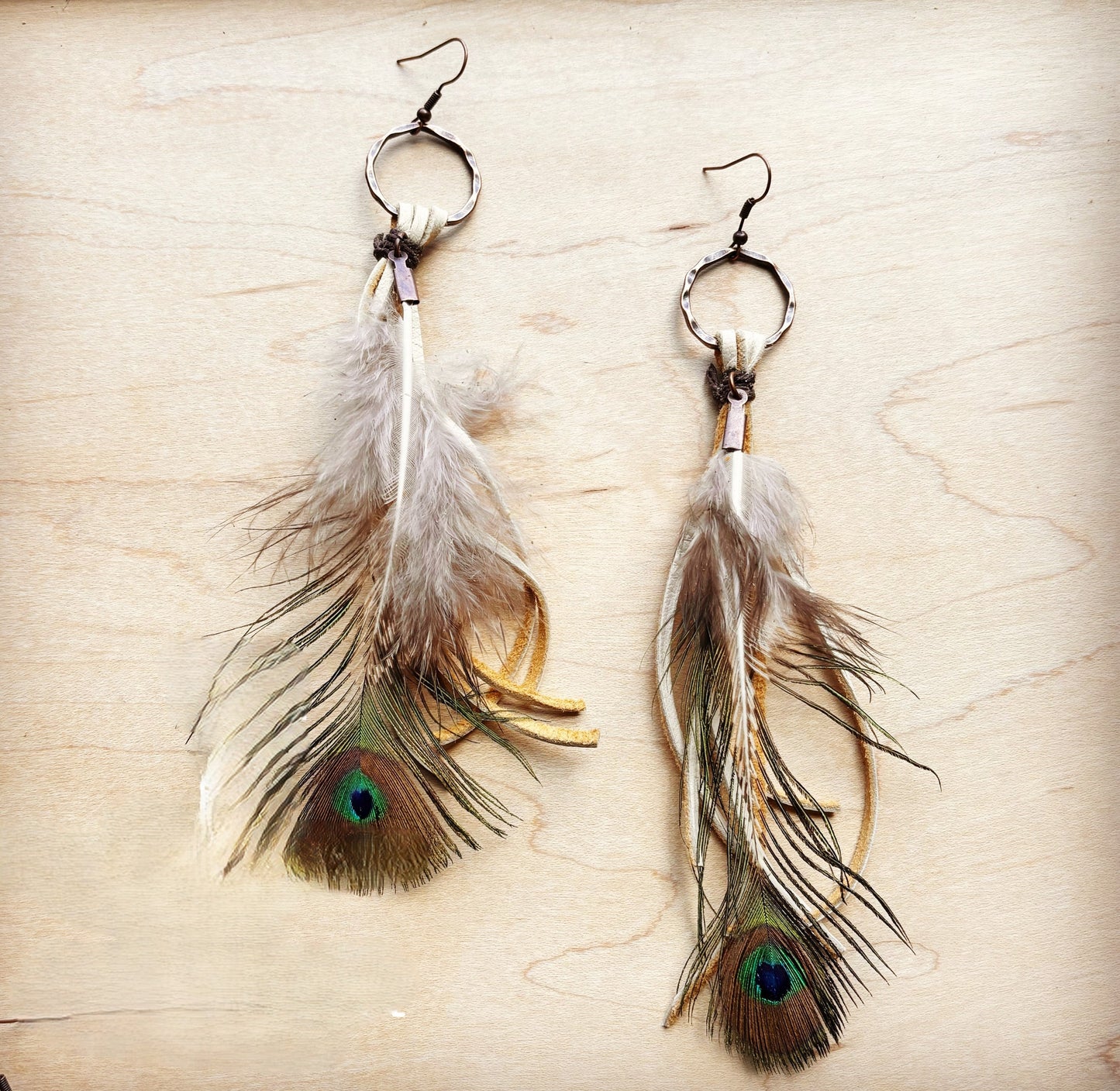 Bone Deer Skin Leather Tassel Earring Peacock Feather 219k