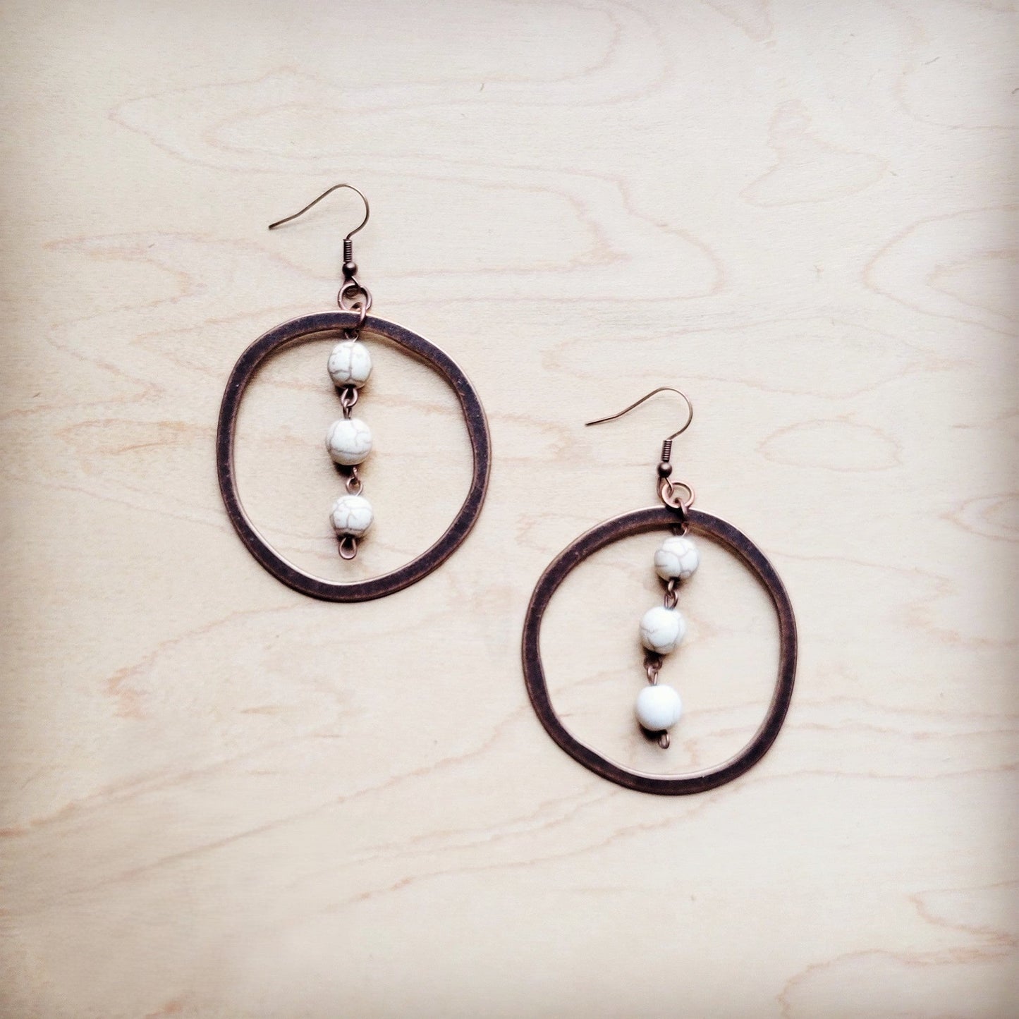 Western Copper Hoop Earrings w/ White Turquoise Beads 224g