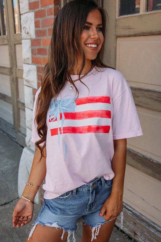 Women Flag Bow Graphic Crewneck Tee