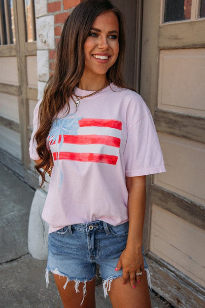 Women Flag Bow Graphic Crewneck Tee
