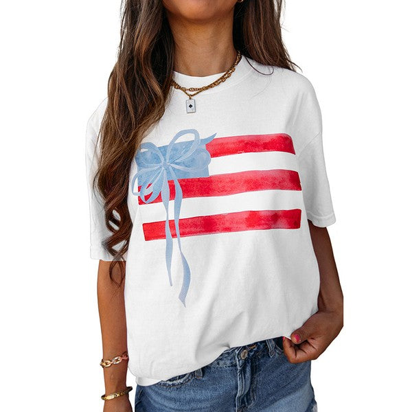 Women Flag Bow Graphic Crewneck Tee