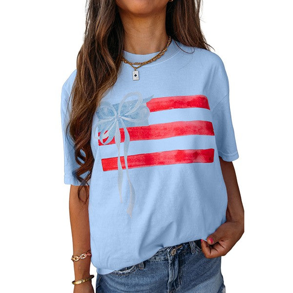 Women Flag Bow Graphic Crewneck Tee
