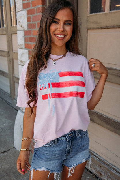 Women Flag Bow Graphic Crewneck Tee