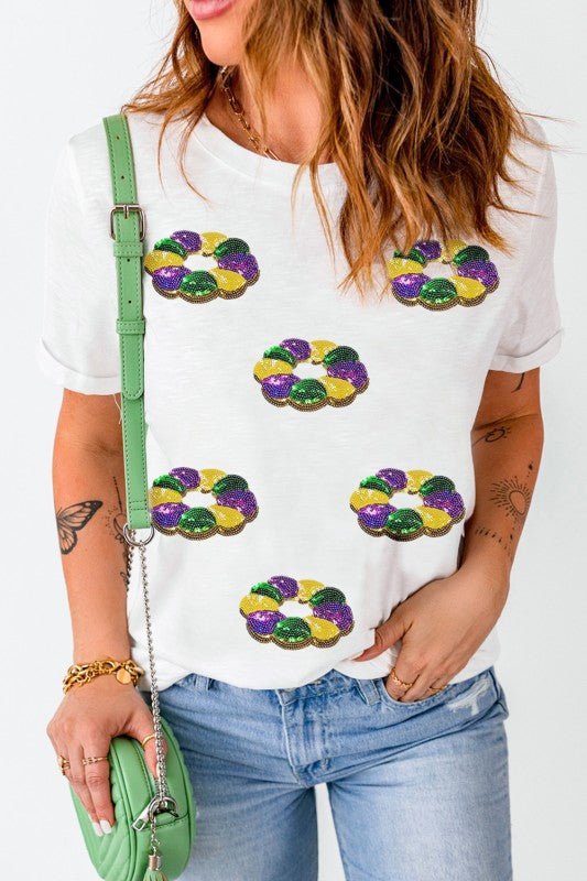 Mardi Gras Pattern Crew Neck Short Sleeve Top
