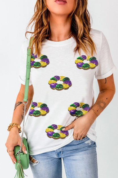 Mardi Gras Pattern Crew Neck Short Sleeve Top