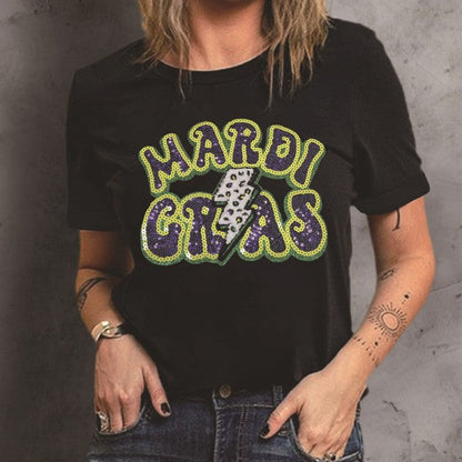 Mardi Gras Pattern Crew Neck Short Sleeve Top