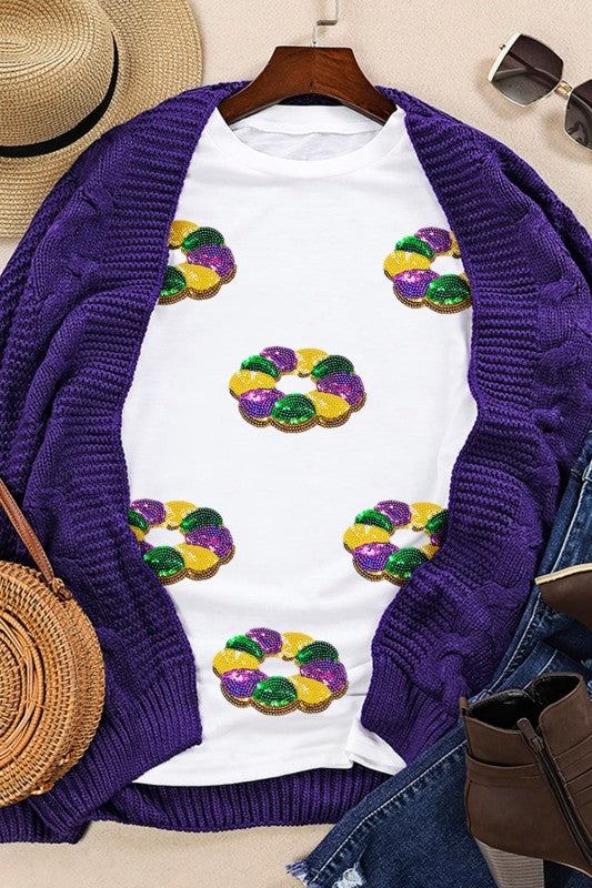 Mardi Gras Pattern Crew Neck Short Sleeve Top