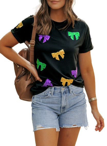 Mardi Gras Pattern Crew Neck Short Sleeve Top