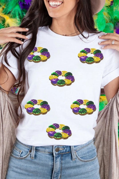 Mardi Gras Pattern Crew Neck Short Sleeve Top