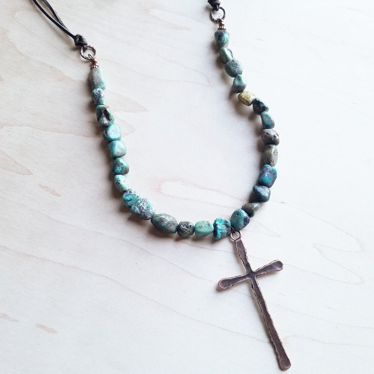 Natural Turquoise Beaded Necklace wi/ Copper Cross Pendant 242u