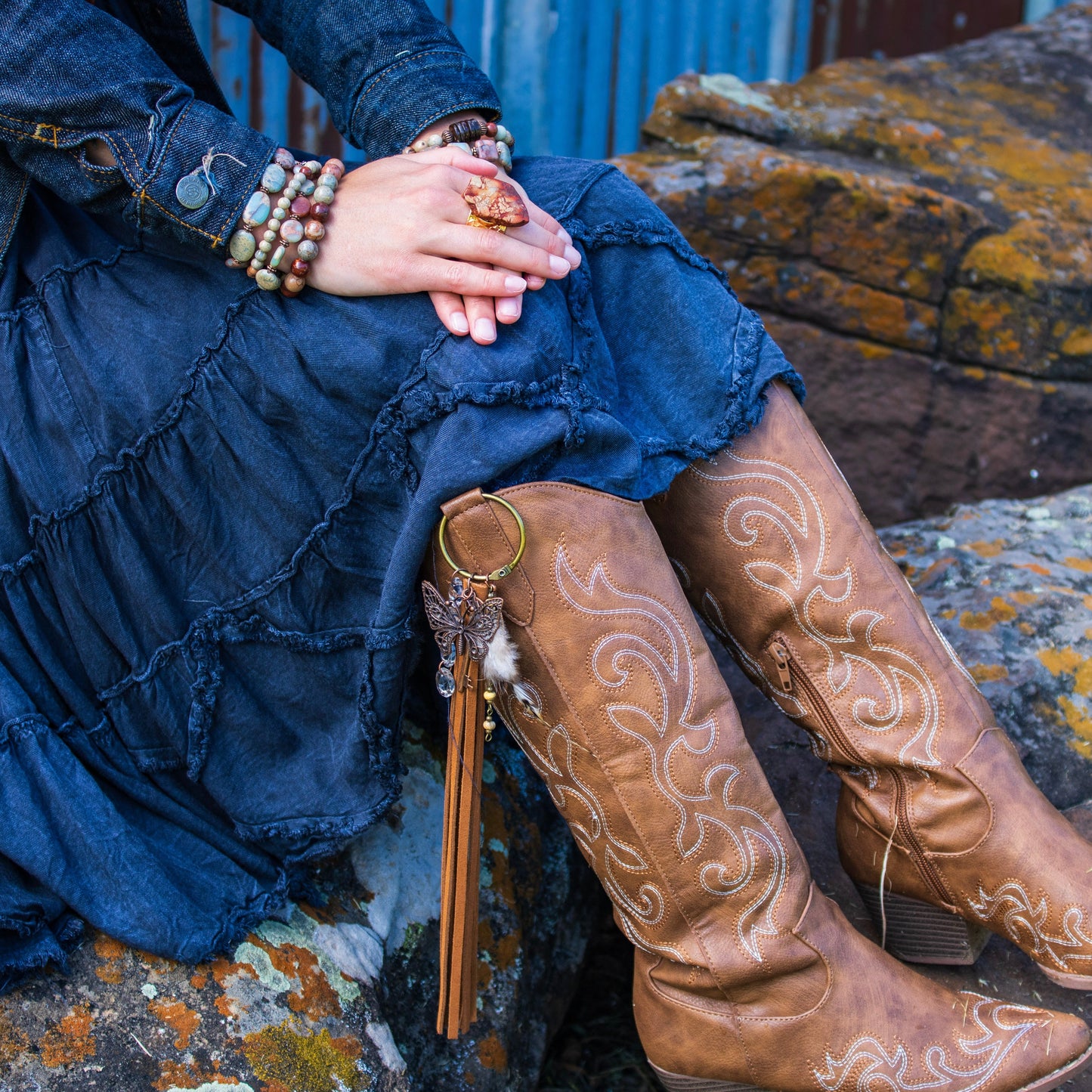 Boho Western Leather Boot Bling Charm Peacock & Butterfly 500i