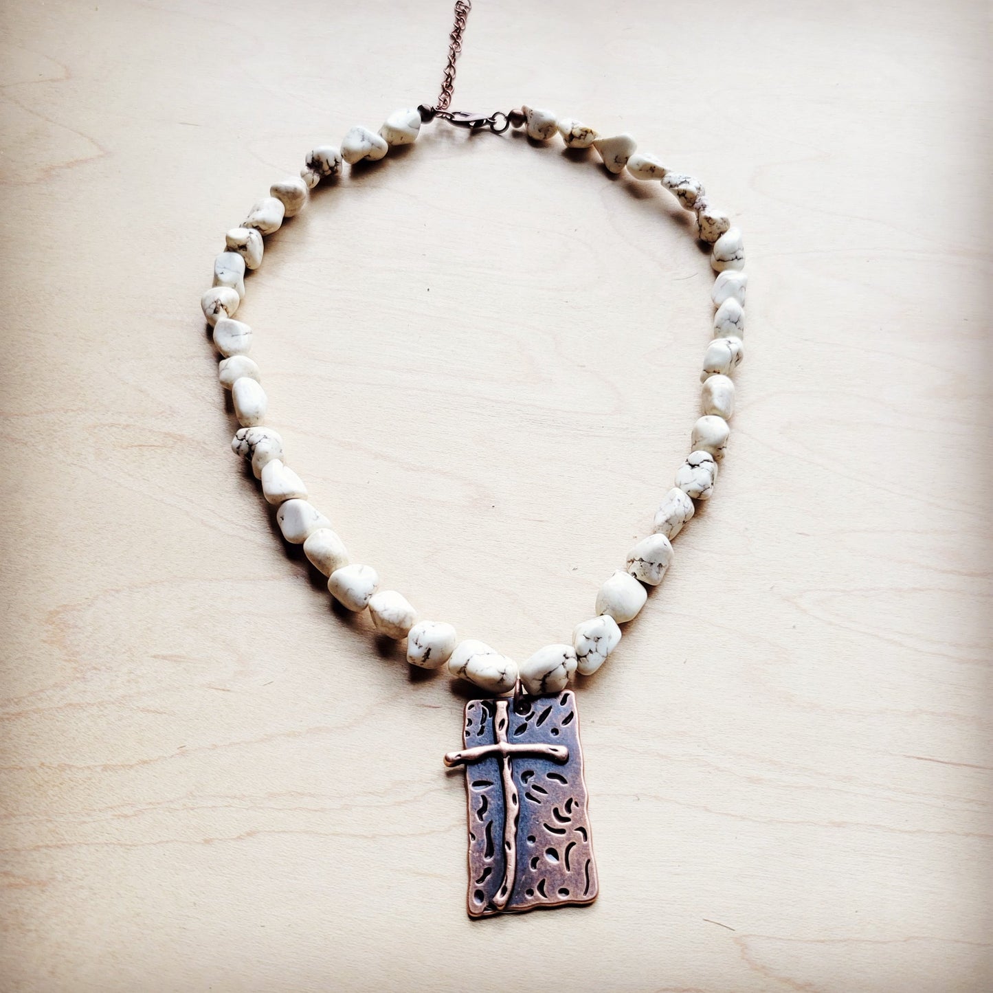 White Turquoise Collar Necklace w/ Copper Cross Pendant 259y