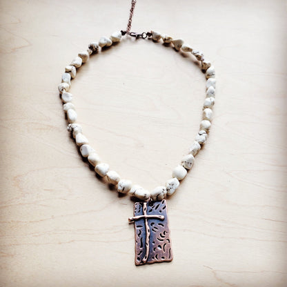 White Turquoise Collar Necklace w/ Copper Cross Pendant 259y