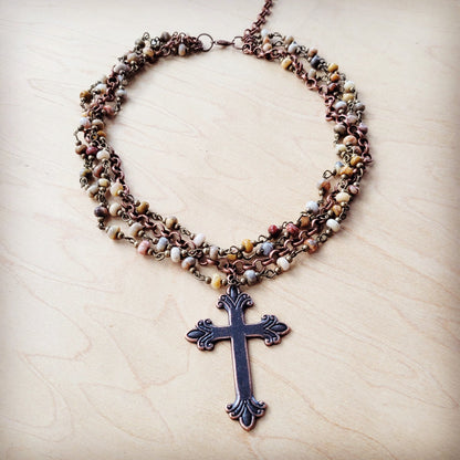 Natural Agate Beaded Collar Necklace w/ Cross Pendant 261d