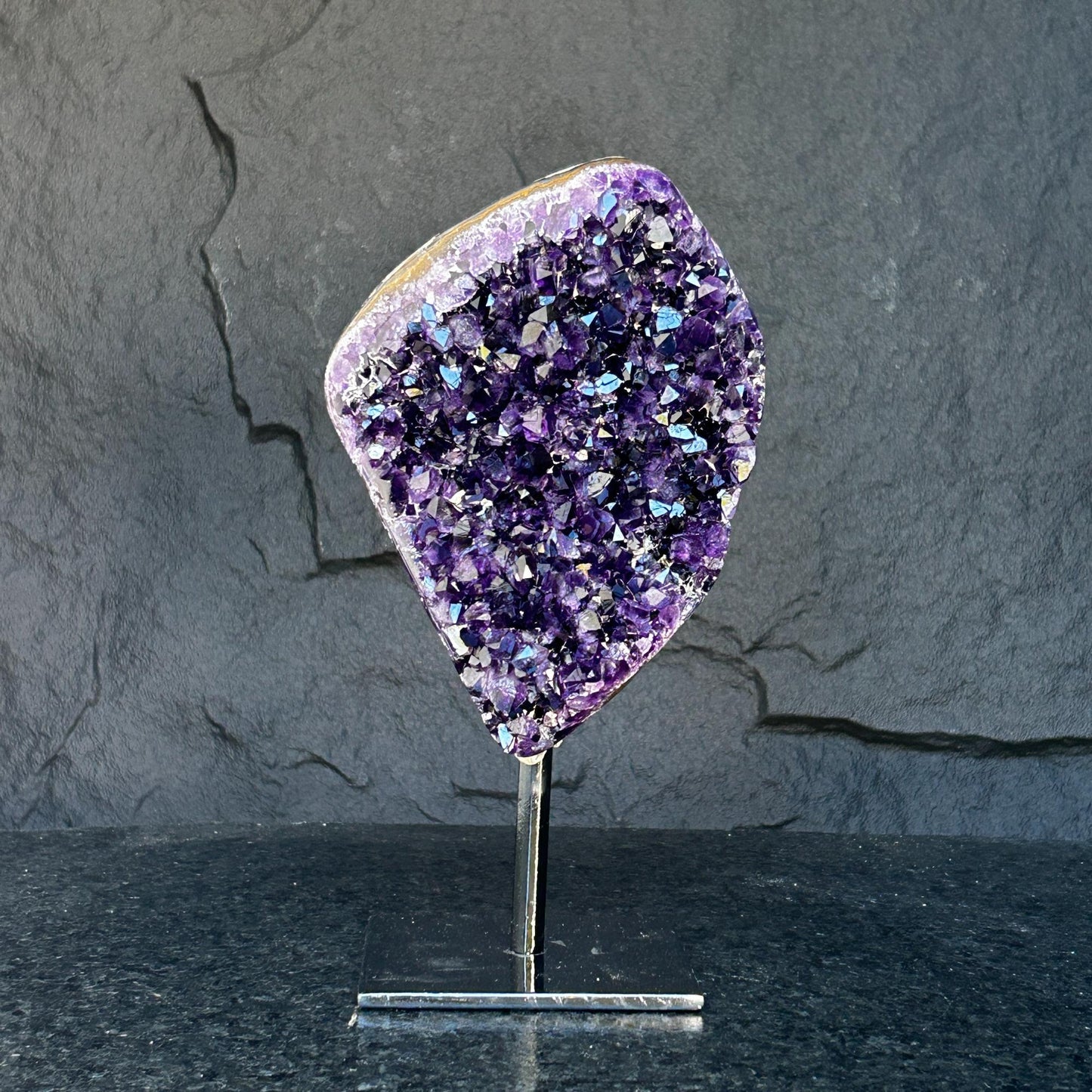 Natural Amethyst Crystal Geode, Purple Amethyst Crystal on Stand, Metallic Stand Included