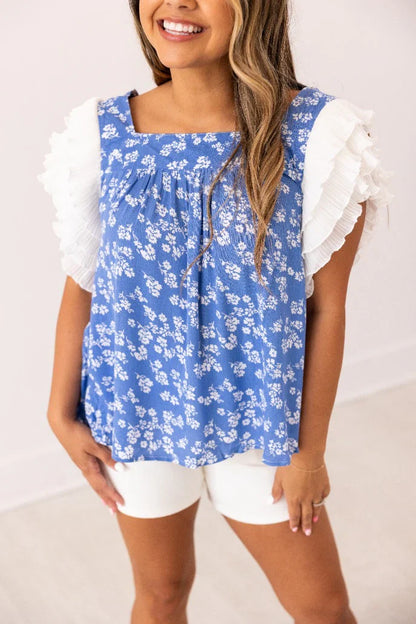Blue Floral Ruffle Sleeve